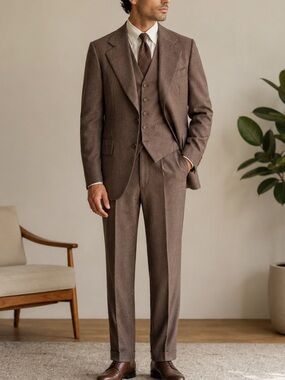 Vintage 70s Eaton Brown Wool 3 Piece Suit Mens 38R 32x29.5 Blazer Vest Trousers